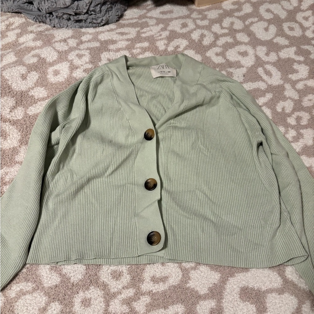 Zara Green Cardigan Sweater Classic Knit